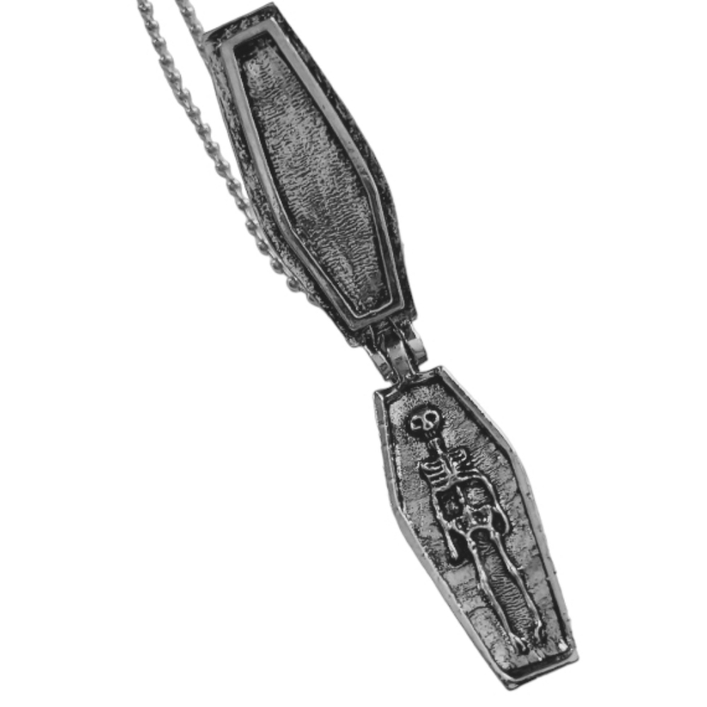 NWT Opening Coffin Skeleton Pendant Necklace Stainless Steel Silver Black - Picture 3 of 9